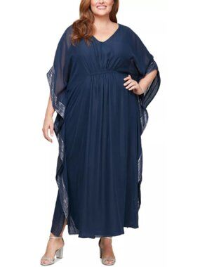 SLNY Fashion Navy V Neck Chiffon Evening Gown Size 3X-4X